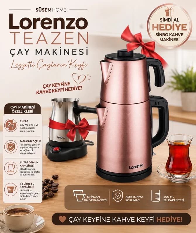 Lorenzo Teazen Çay Makinesi 2'si 1 Arada 1.8L + Sinbo Türk Kahve Makinesi HEDİYE