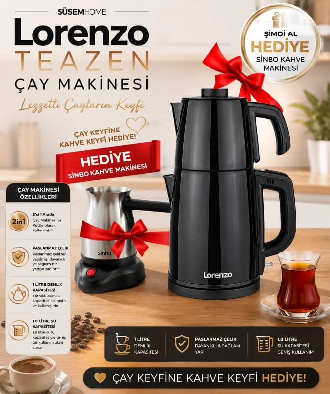 Lorenzo Teazen Çay Makinesi Siyah 1.8 Litre Su Isıtıcı 1 Litre Demlik Kapasiteli