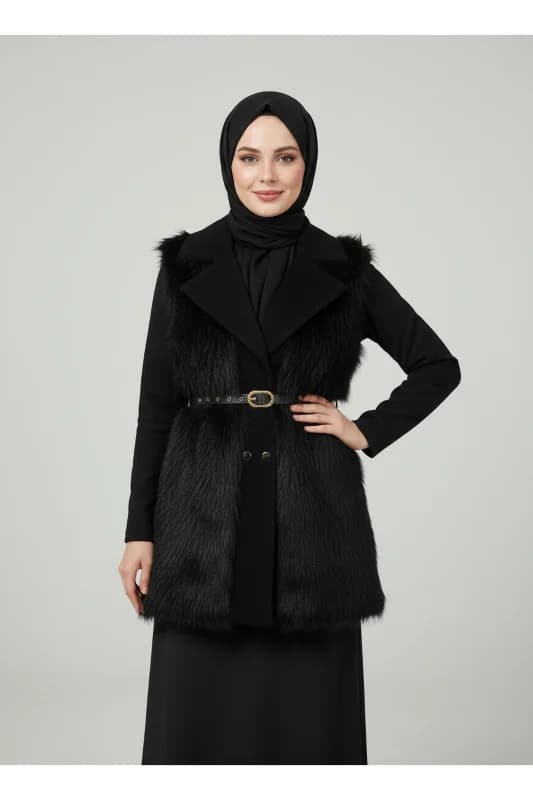 Finetta Metal Düğmeli Kürklü Yelek-EN2209 Siyah