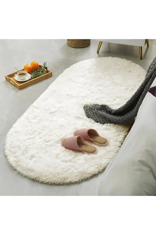 Krem Oval Post Halı Kesme Yolluk Peluş Yumuşak Kaymaz Dot Taban