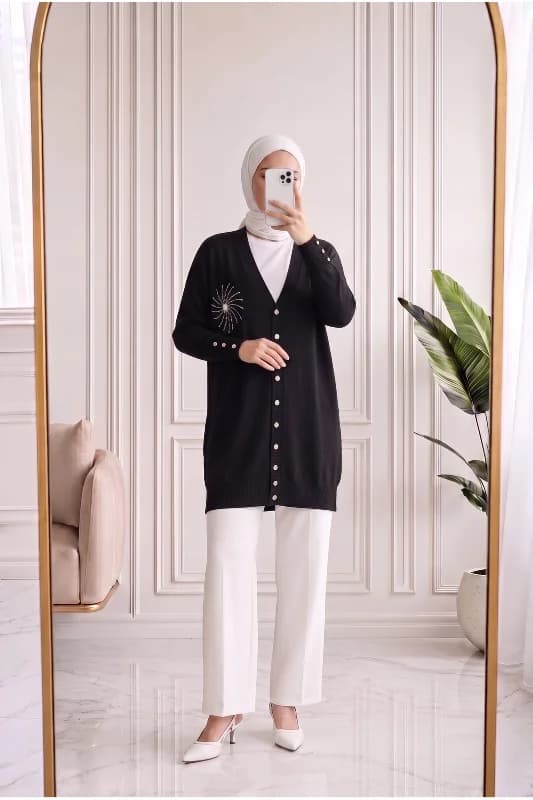 Sabifeza Güneş Taşlı Soğuk İp Hırka-SY3362 Siyah