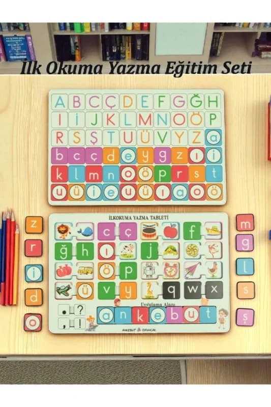 "Okuma Yazma Öğreniyorum Seti" Ahşap Oyuncak Türkçe İngilizce Harfler İlk Okuma Seti Harf Puzzle