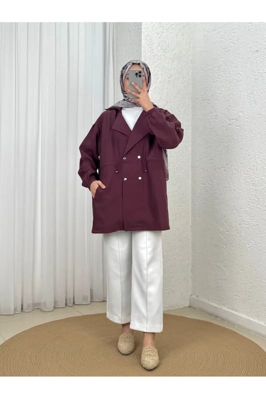 Aydan Çıtçıtlı Belden Sıkmalı Kol Ucu Lastikli Ceket-EU3225 Mürdüm