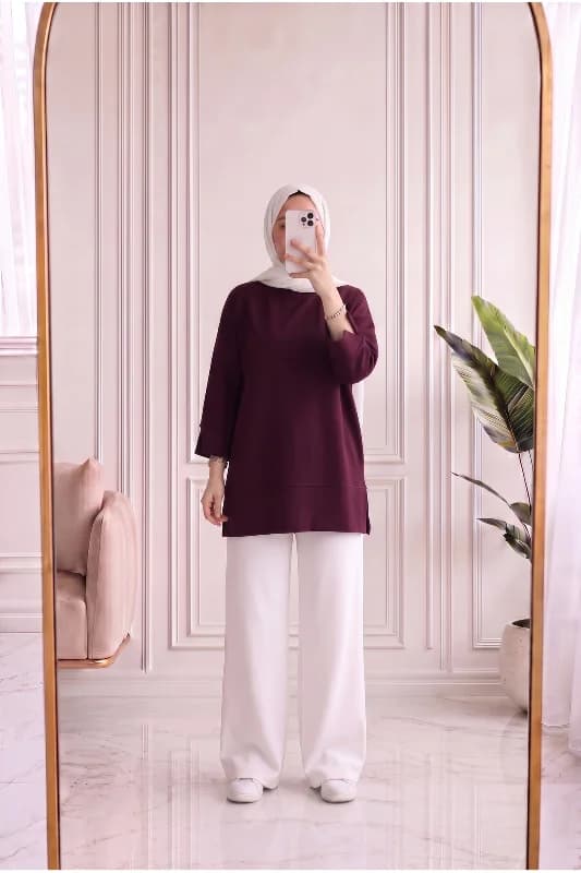 Sırmahan Kol Manşetli Yırtmaçlı Tunik-NA912 Bordo