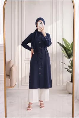 Cemay Boydan Çift Çıtçıtlı Yırtmaçlu Uzun Tunik-GS688 Lacivert