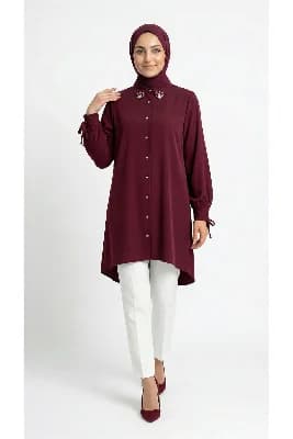 Özden Yakası Taşlı Uzun Tunik-ZN2090 Bordo