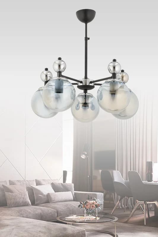 PARİ 5'Lİ KROM - SİYAH FÜME GLOB CAMLI MODERN SARKIT AVİZE OTURMA ODASI SALON