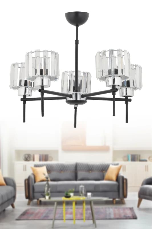 QUEEN SİYAH - KROM 5'Lİ  KRİSTAL BAŞLIKLI MODERN  AVİZE OTURMA ODASI SALON ANTRE
