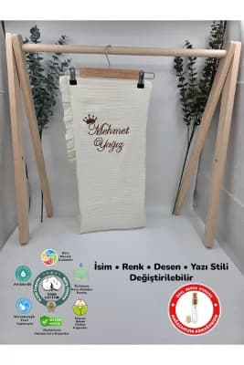 %100 Pamuk 4 Katlı Müslin Kumaş Fırfırlı Battaniye (Hediyeli İsimli Nakış Desenli)