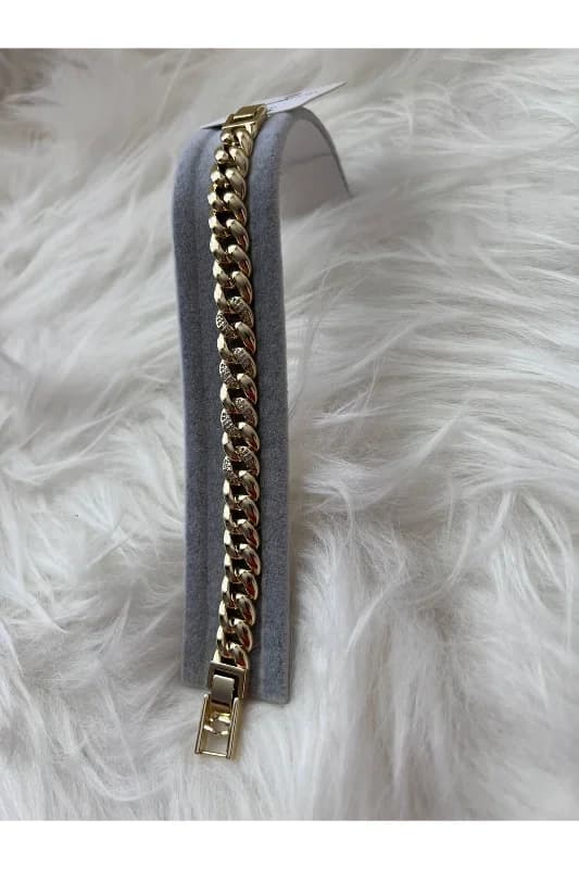 14K Juping Kuyumcu Model Taş Detaylı Gurmet Zincir Çelik Bileklik Gold Renk Kararmaz 18 + 2CM