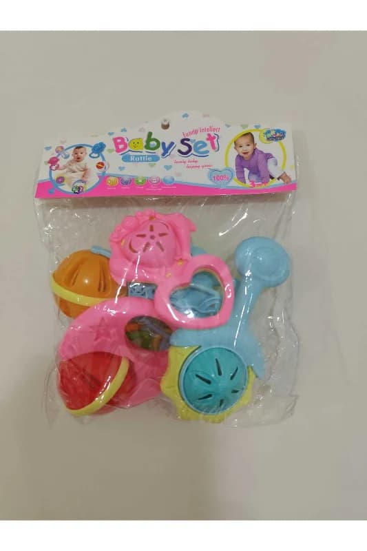 Baby Set 6’lı Diş Kaşıyıcı ve Çıngırak Seti – Renkli Bebek Oyuncakları, El Becerisi ve Duyu Gelişimi