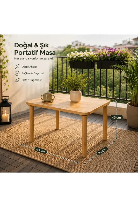 Ahşap Portatif Kamp ve Piknik Masası – Balkon, Bahçe ve Teras İçin Çok Amaçlı Sehpa Doğal Ahşap