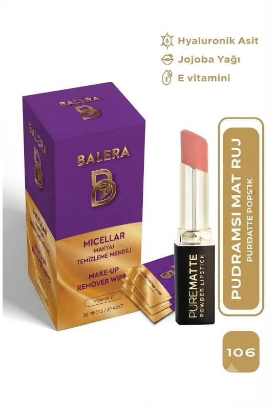 Pure Matte Powder Lipstick No: 106 - Nemlendirici Pudramsı Mat Ruj Makyaj Temizleme Mendili Hediyeli
