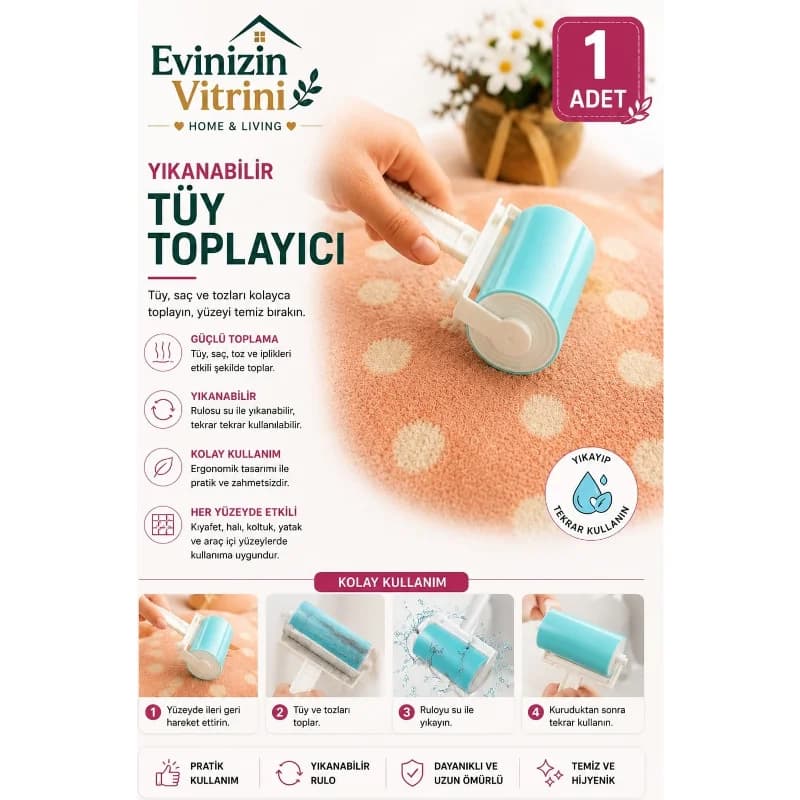 Yıkanabilir Yeniden Kullanılabilir Tüy Toplama Aparatı Tüy Toz Toplayıcı Roller