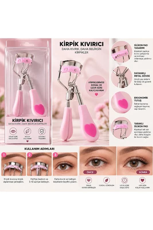 Taraklı Kirpik Kıvırıcı – Silikon Pedli Ergonomik Saplı Profesyonel Kirpik Kıvırma Aparatı Pembe