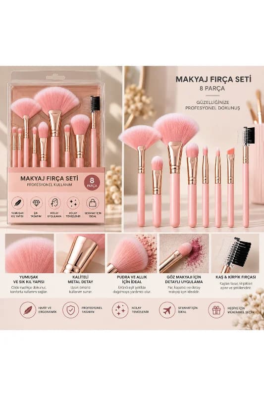 8 Parça Profesyonel Makyaj Fırça Seti PEMBE – Yelpaze, Pudra, Allık, Far, Kaş ve Kirpik Fırçaları Pe