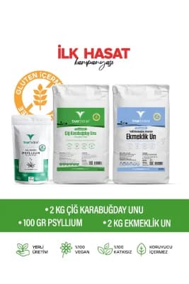 Glutensiz Çiğ Karabuğday Unu 2 Kg – 100% Tam Çiğ Karabuğday Ekmeklik Un 2 Kg – Psyllium 100 gr