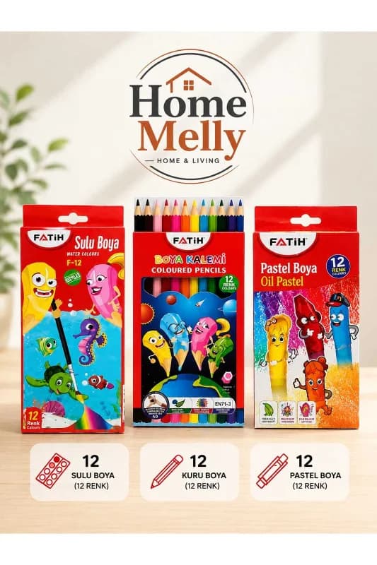 3lü Boya Seti - 12li Sulu Boya - 12li Kuru Boya - 12li Pastel Boya Kırtasiye Seti