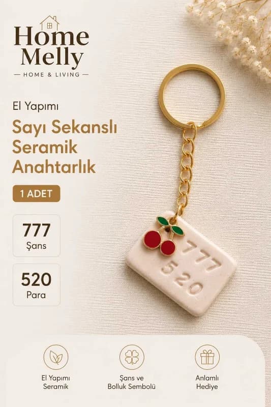 1 Adet Seramik El Yapımı Sayı Sekanslı Anahtarlık , 777 - 520 şans ve para anahtarlığı