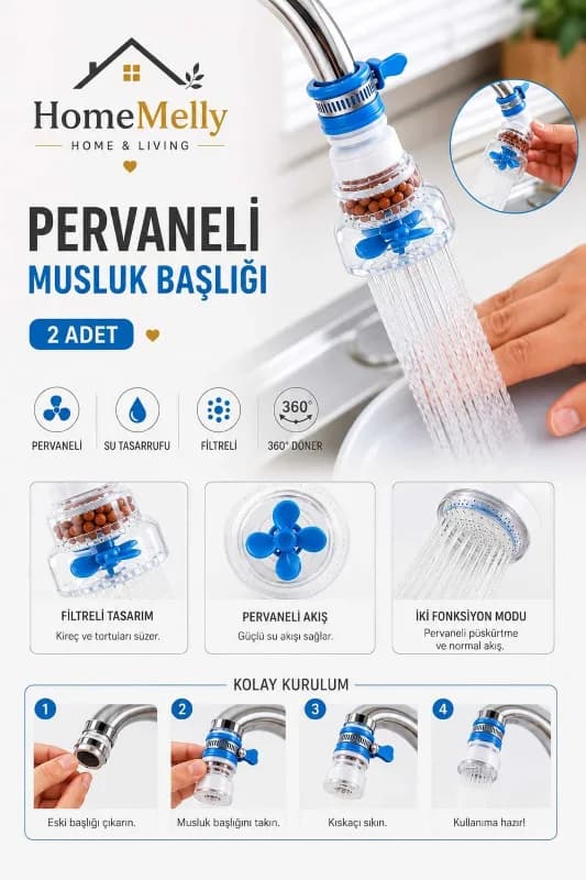 Ayarlanabilir Pervaneli Musluk Başlığı – Mutfak & Banyo Için Oynar Başlıklı, Pratik Temizlik Aparatı