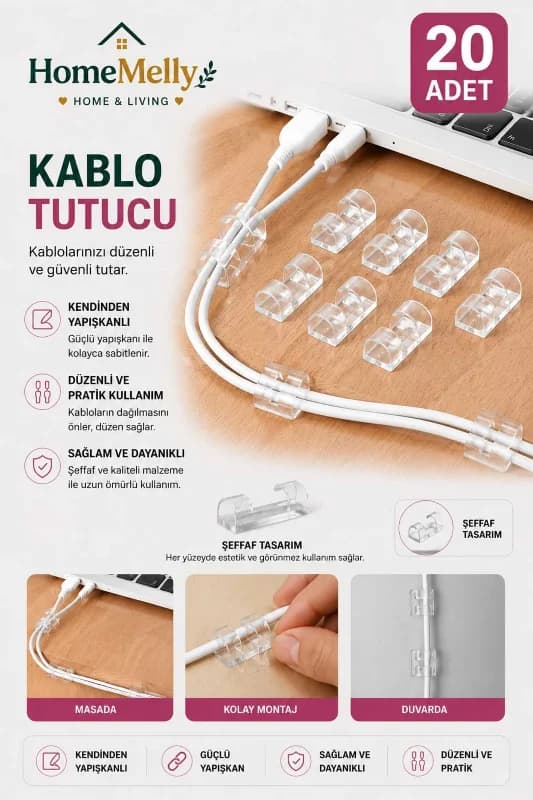 Kendinden Yapışkanlı Kablo Sabitleyici – Pratik Kablo Düzenleyici Klips