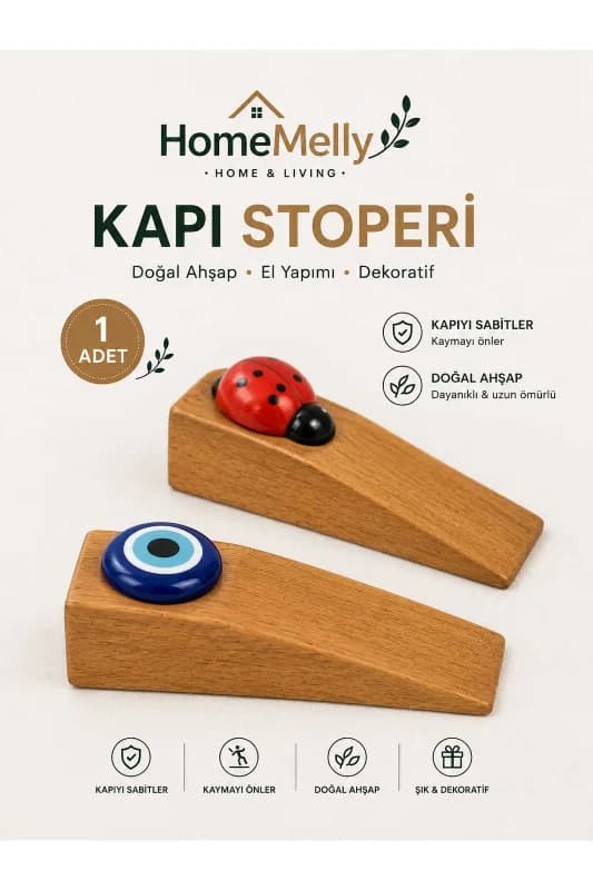 Ahşap Uğur Böcekli & Nazar Boncuklu Kapı Stoperi, 1 Adet Kapı Takozu, Kapı Tutucu, Kapı durdurucu