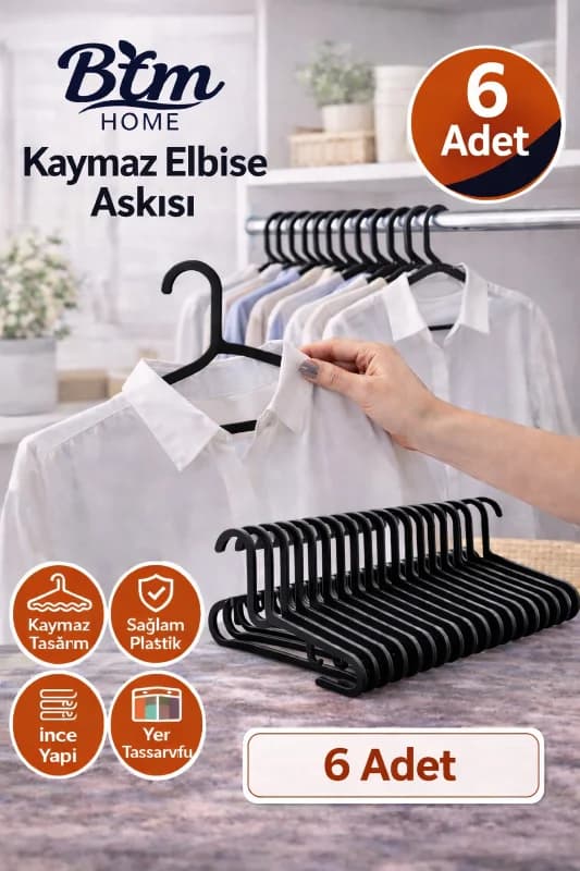 Elbise Askısı Kıyafet Askısı Plastik Dolap Askısı Gardırop Düzenleyici Siyah 6 Adet