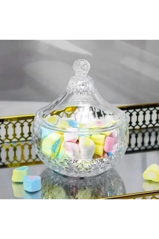 Şekerlik Kavanozu Kapaklı Dekoratif Şekerleme Kasesi Kristal Kaplı Cam Şekerleme Kabı