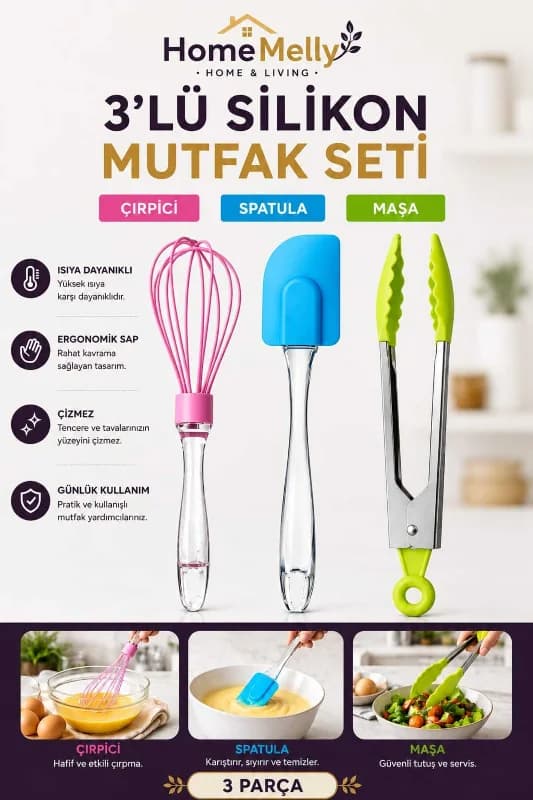 3’lü Silikon Mutfak Gereç Seti Maşa Spatula Çırpıcı Isıya Dayanıklı
