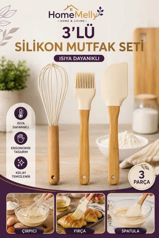 3’lü Silikon Mutfak Seti Çırpıcı Spatula Fırça Isıya Dayanıklı Bambu Saplı