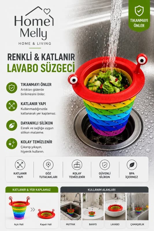 Lavabo Gider Süzgeci Katlanabilir Spiral Gider Filtresi Mutfak Evye Tıkanma Önleyici Süzgeç
