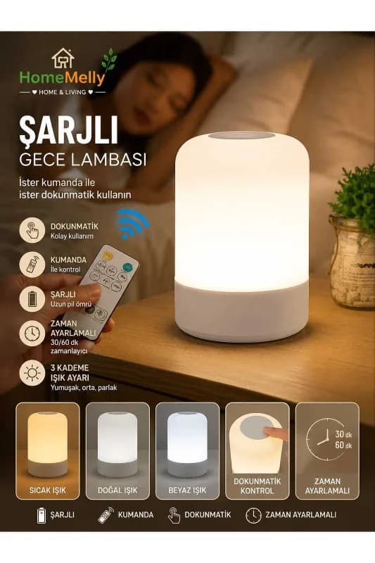 Şarjlı Gece Lambası Kumandalı 3 Renk Dokunmatik Dimmerli Kablosuz Masa Lambası
