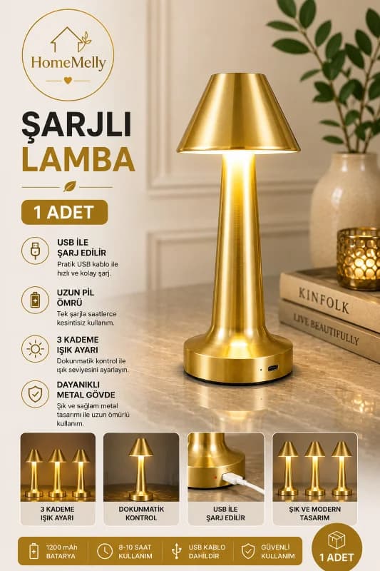 Şarjlı 3 Işık Renkli Akıllı Masa Lambası – Dokunmatik Kontrol, Gold Gövde, Kablosuz Kullanım