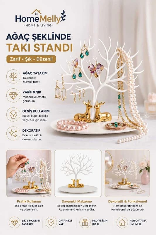 Geyik Tasarımlı Takı Standı Kolye Küpe Yüzük Organizer Takı Ağacı Mücevher Askılığı