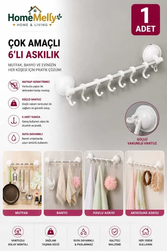 Yeni Nesil Ekstra Güçlü Vantuzlu 8 Kancalı Sıvıya Dayanıklı Askılık