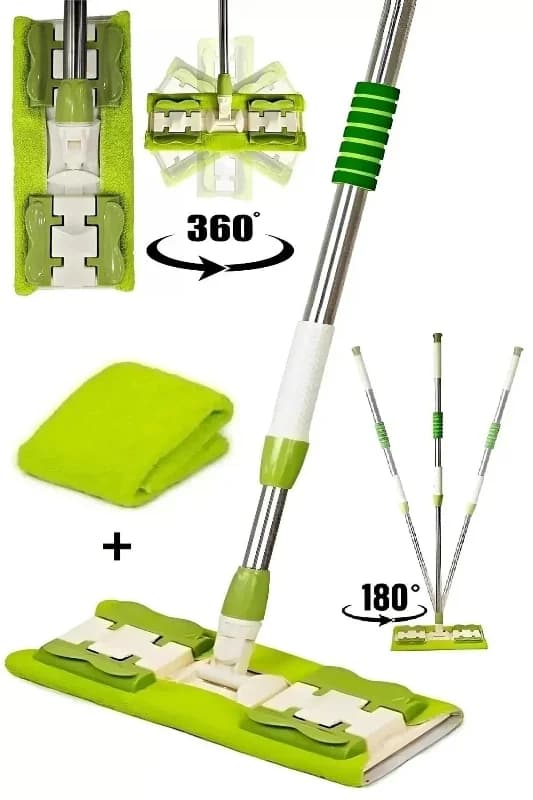 Mikrofiber Mandallı Mop, Teleskopik Saplı Set +1 Yedek Bezli Yeşil Renk