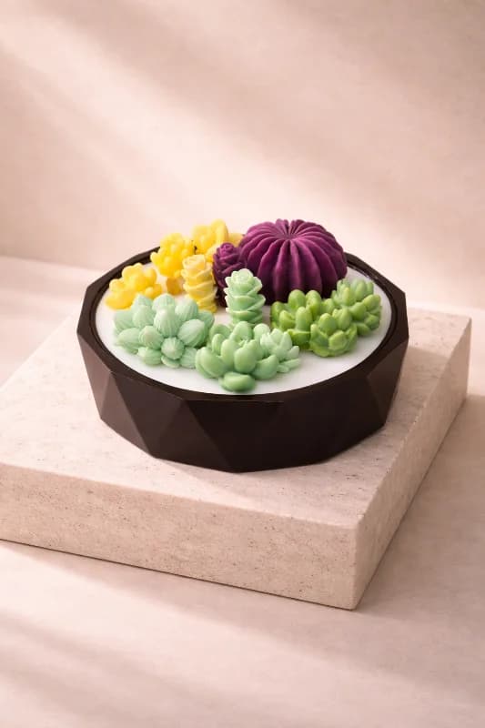 Kaktüs Dekoratif Mum-El Yapımı Taş Tozu Saksı Ahşap 3 Fitilli Kaktüs Mum - Doğal Soya Wax - 14x5,5 cm