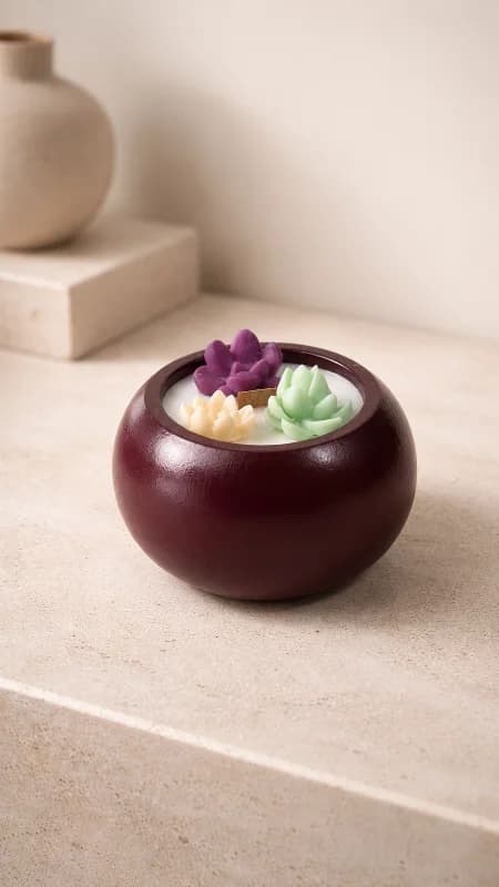 Yuvarlak Taş Tozu Sukulent Detaylı Dekoratif Mum 9x6,5 cm Soya Wax Mum