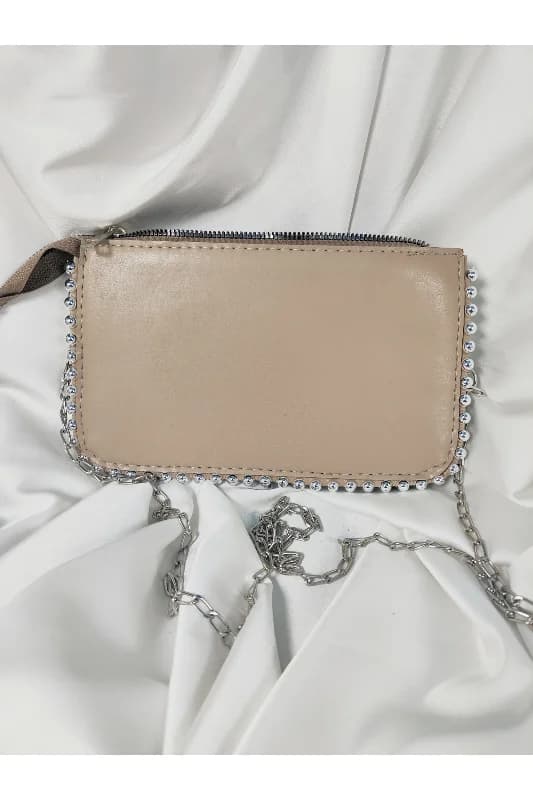 Bej Nude Taşlı Kenar Detaylı Gümüş Zincir Askılı Clutch Çanta