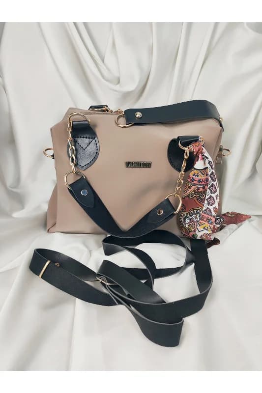 Bej Krem Fashion Yazılı Paisley Fularlı Geniş Hacim Omuz Çantası