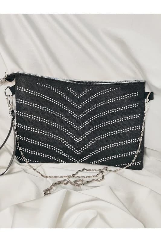 Siyah Taşlı Zincir Askılı Portföy Clutch