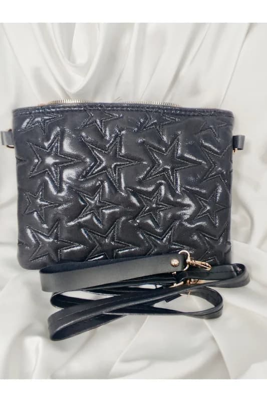 Yıldız Desenli Siyah Kapitone Clutch Portföy Bilek ve Omuz Çantası