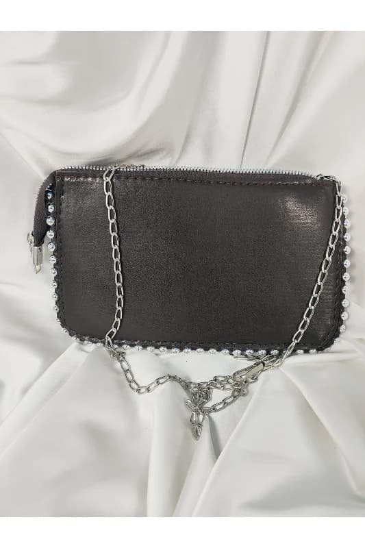 Kahverengi Taşlı Kenarlı Gümüş Zincir Askılı Portföy Clutch Çanta