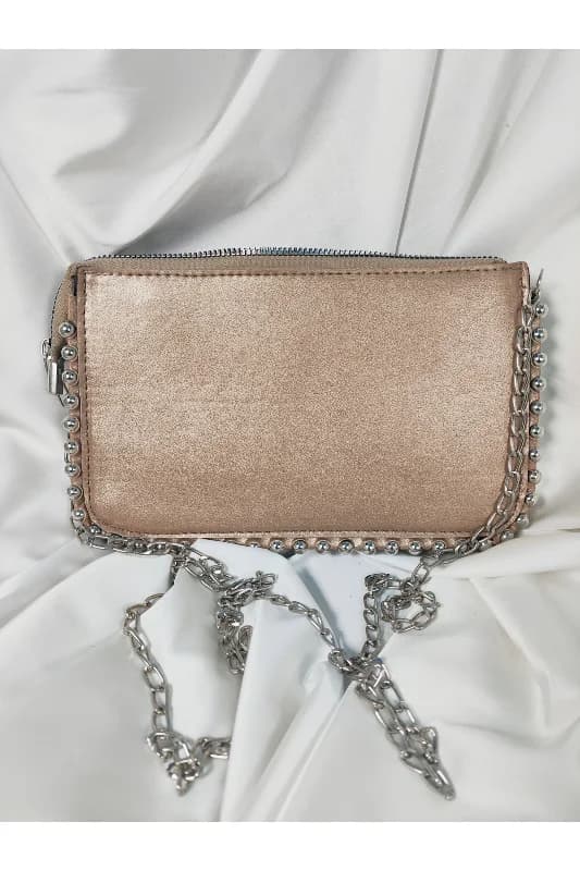Dore Rose Gold Taşlı Boncuklu Gümüş Zincir Askılı Portföy Clutch