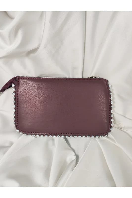 Bordo Şarap Taşlı Kenar Detaylı Boncuklu Portföy Clutch El Çantası