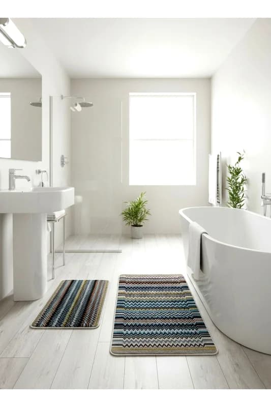 Misson Zigzag Desenli 2 li Deri Taban Banyo Paspas (60x100 - 60x50)