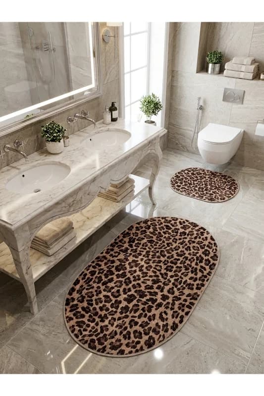 Leopar Desenli Lateks Taban 2'li Banyo Paspası (70x110-70x50)