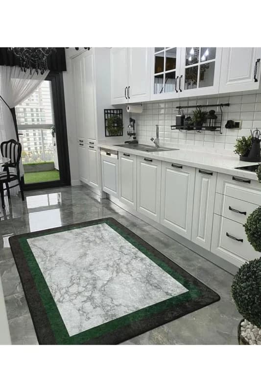 Hanney Mermer Desen Saçaksız Halı - Yeşil Gri