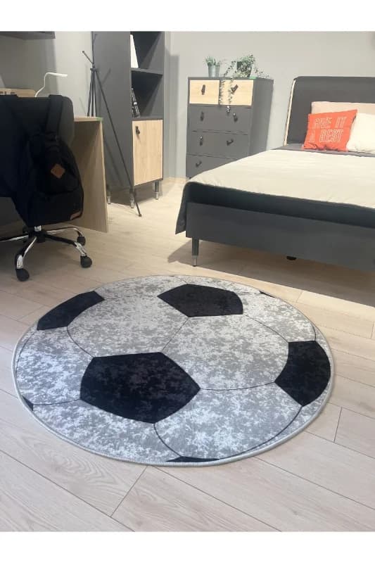 Futbol Topu Desenli Yıkanabilir Yuvarlak Çocuk Genç Halısı - Gri