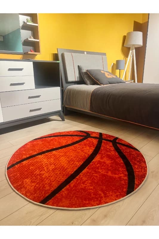 Basketbol Topu Desenli Yıkanabilir Yuvarlak Çocuk Genç Halısı - Turuncu